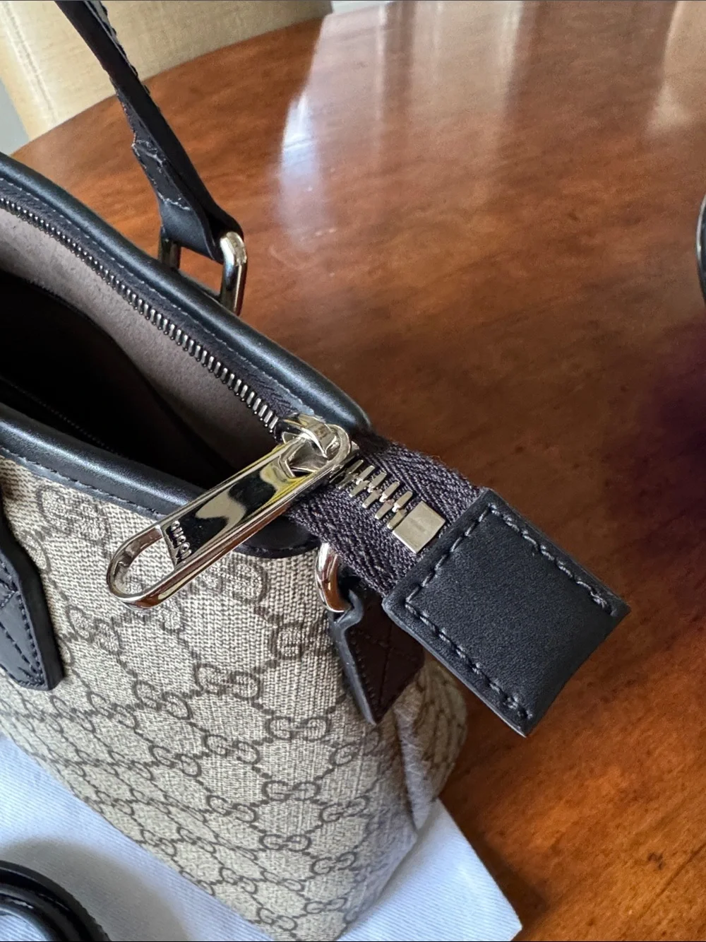 Gucci Beige GG Canvas Satchel with Black Leather Trim